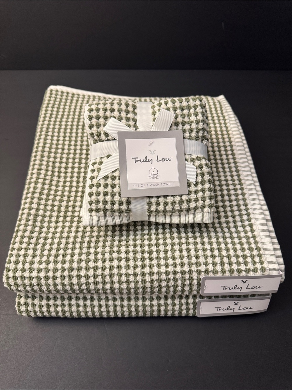 6pc TRULY LOU 100% Cotton Textured Bath Towel Set - Oil Green/White